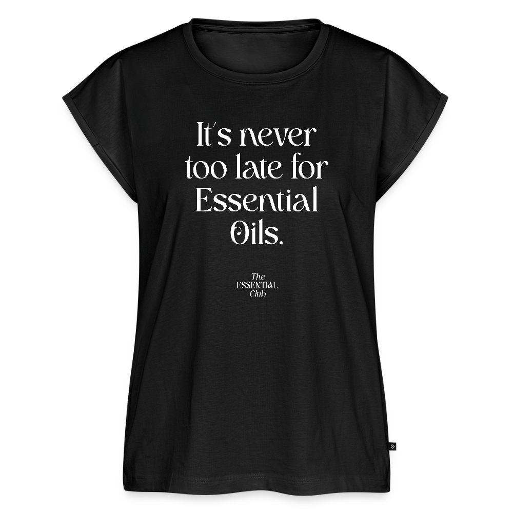 Frauen T-Shirt "It's never too late for Essential Oils" mit gerollten Ärmeln - Schwarz