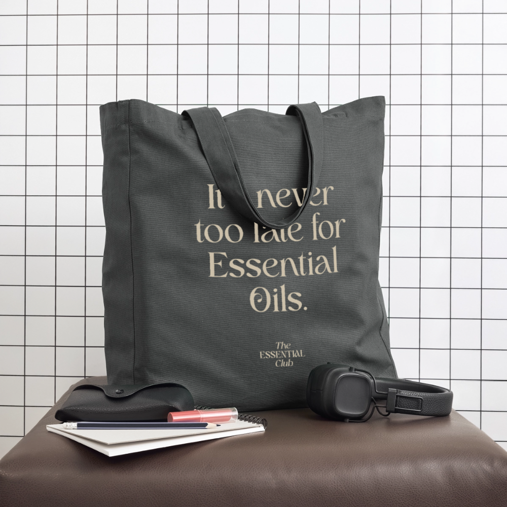 Recycelter Stoffbeutel "I'ts never too late for Essential Oils" - Anthrazit
