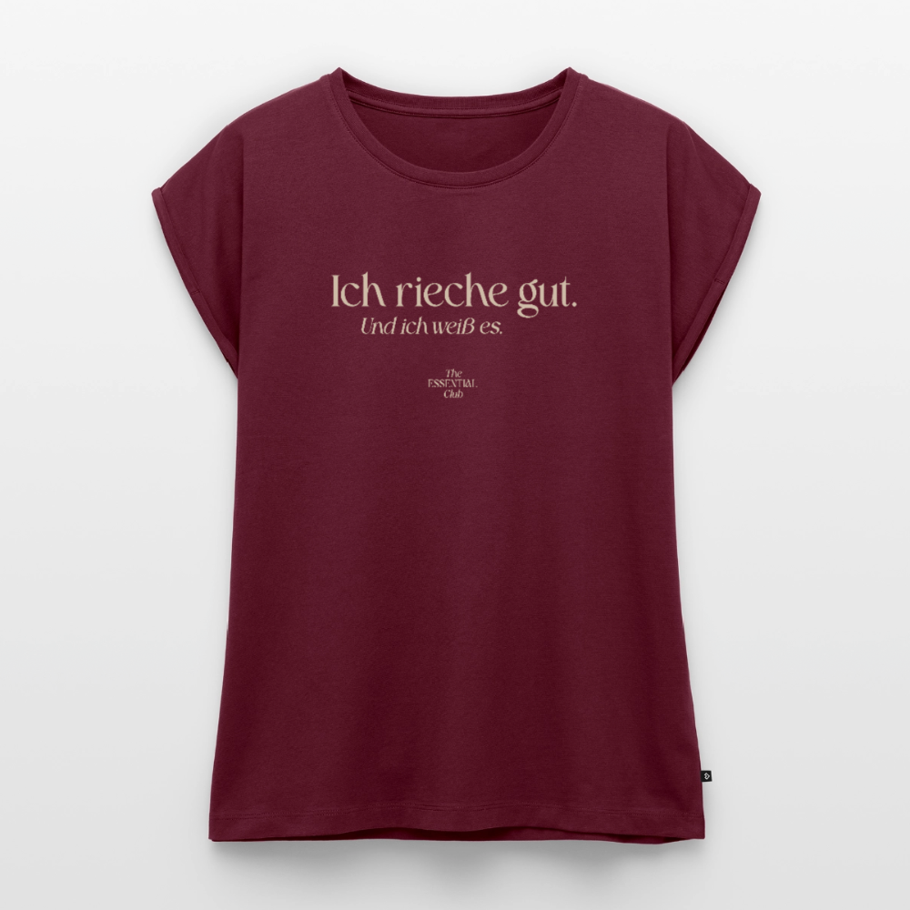 Frauen T-Shirt "Ich rieche gut." mit gerollten Ärmeln - Burgunderrot