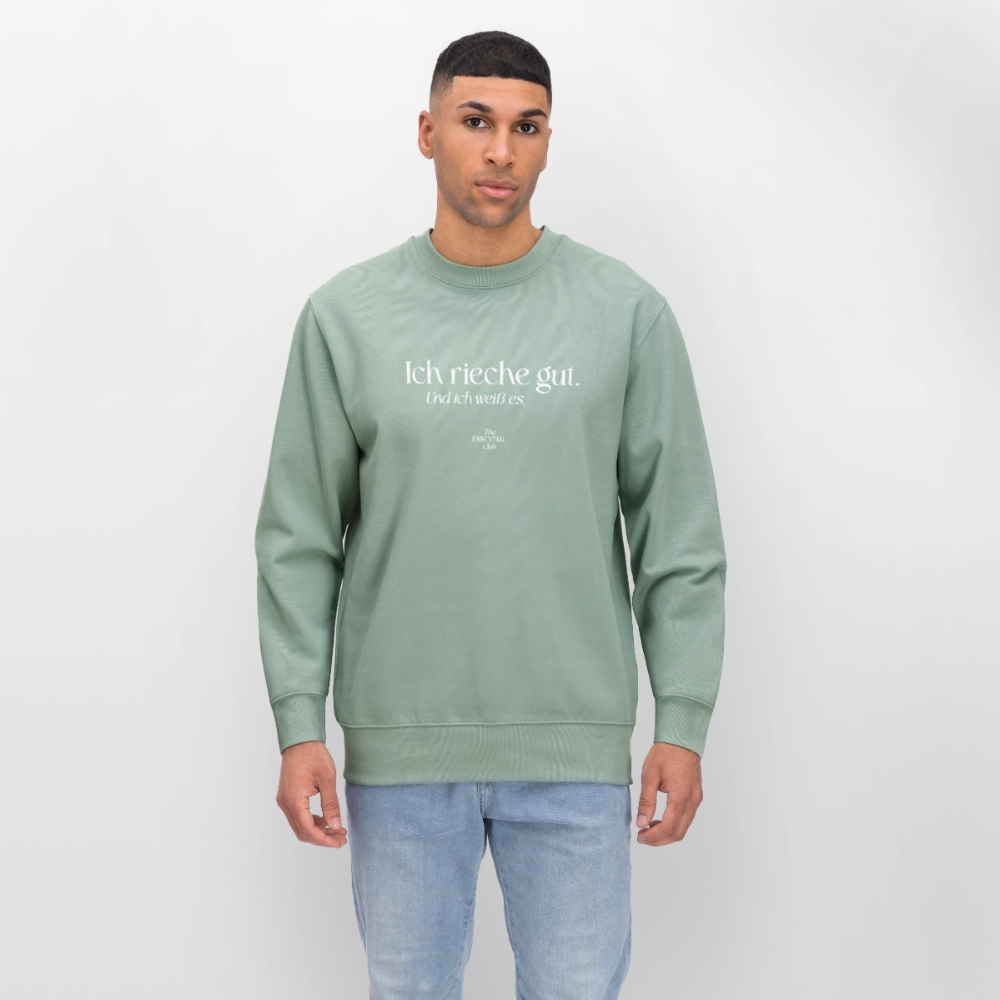 Unisex Bio-Sweatshirt "Ich rieche gut." - Helles Graugrün