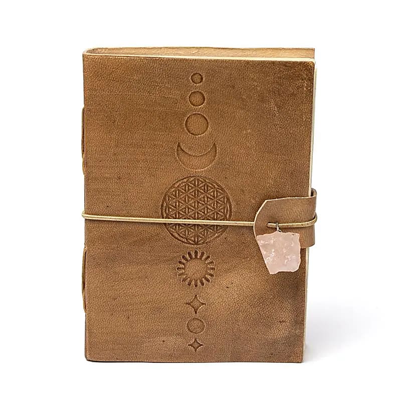 Notizbuch "Blume des Lebens" mit Rosenquarz und Kunstlederbezug