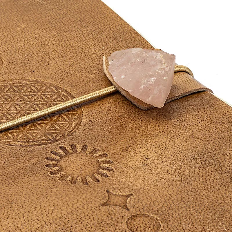 Notizbuch "Blume des Lebens" mit Rosenquarz und Kunstlederbezug