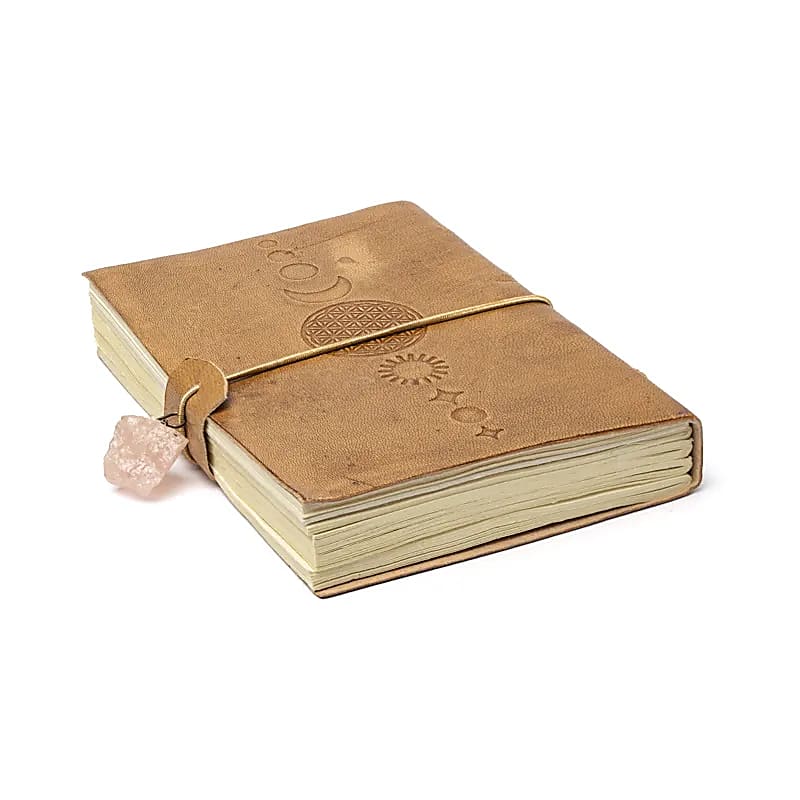 Notizbuch "Blume des Lebens" mit Rosenquarz und Kunstlederbezug
