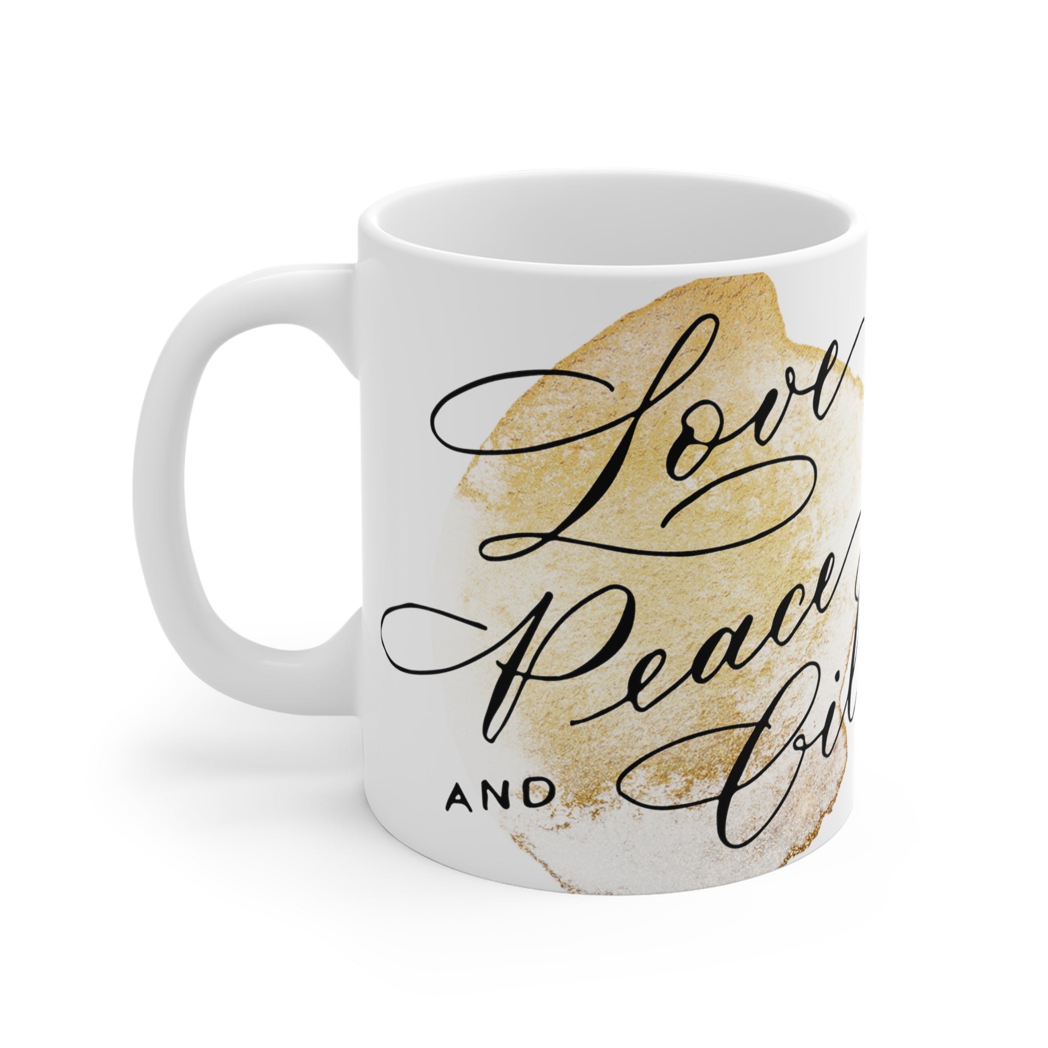 Keramiktasse "Love, Peace & Oils"