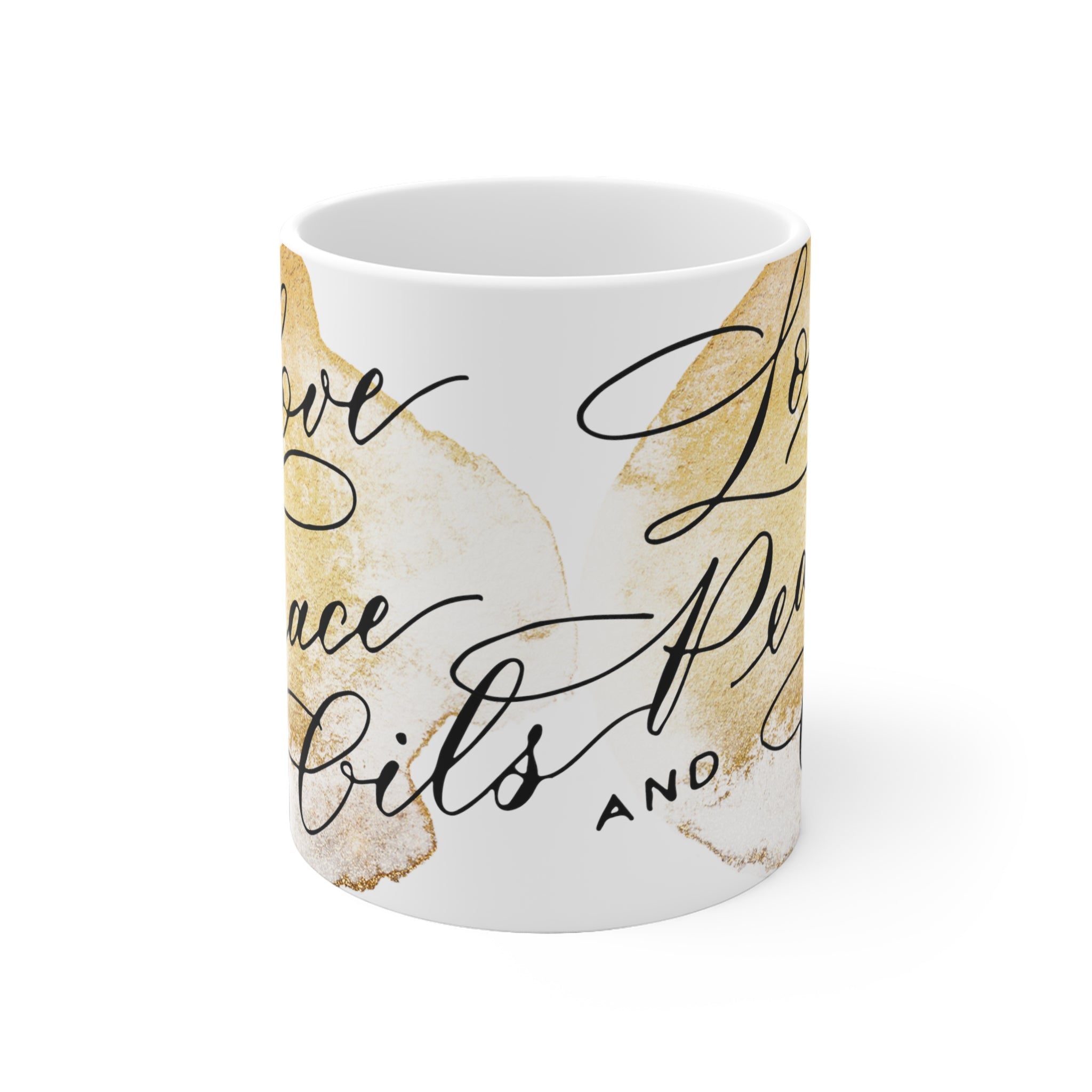 Keramiktasse "Love, Peace & Oils"
