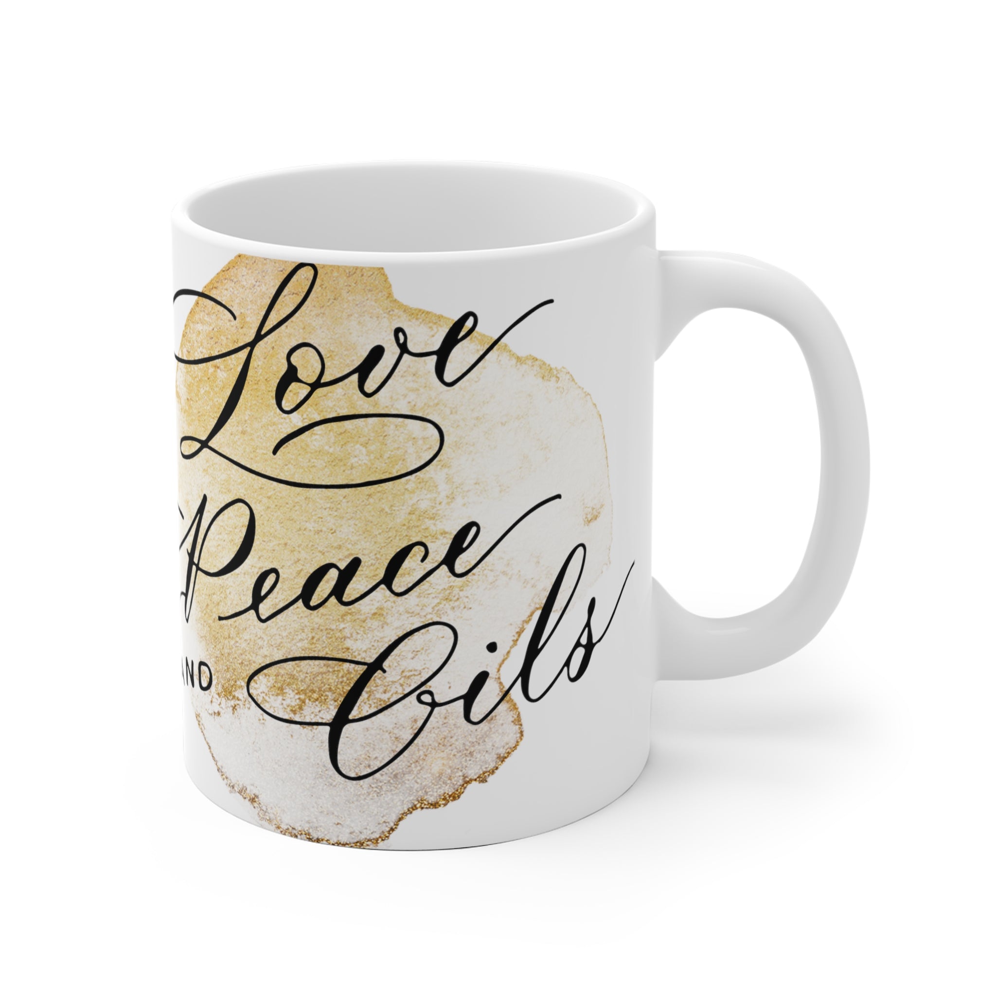 Keramiktasse "Love, Peace & Oils"