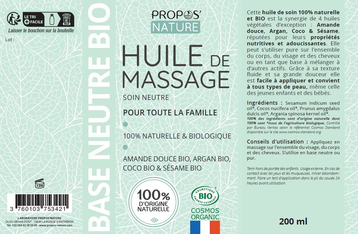 Natürliches Bio-Massageöl Neutral - 100 % Naturrein · 200 ml