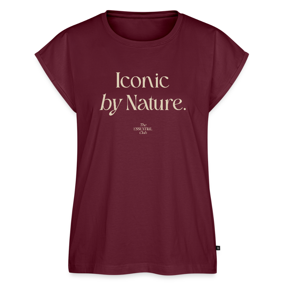 Frauen T-Shirt "Iconic by Nature." mit gerollten Ärmeln - Burgunderrot