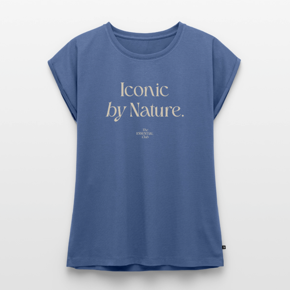 Frauen T-Shirt "Iconic by Nature." mit gerollten Ärmeln - Taubenblau