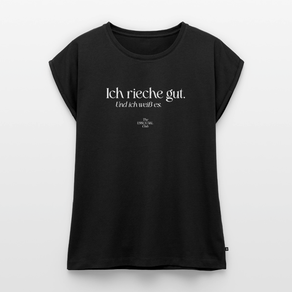 Frauen T-Shirt "Ich rieche gut." mit gerollten Ärmeln - Schwarz