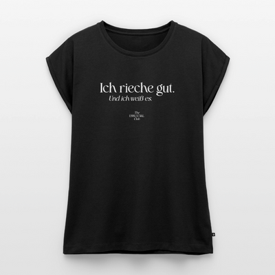 Frauen T-Shirt "Ich rieche gut." mit gerollten Ärmeln - Schwarz