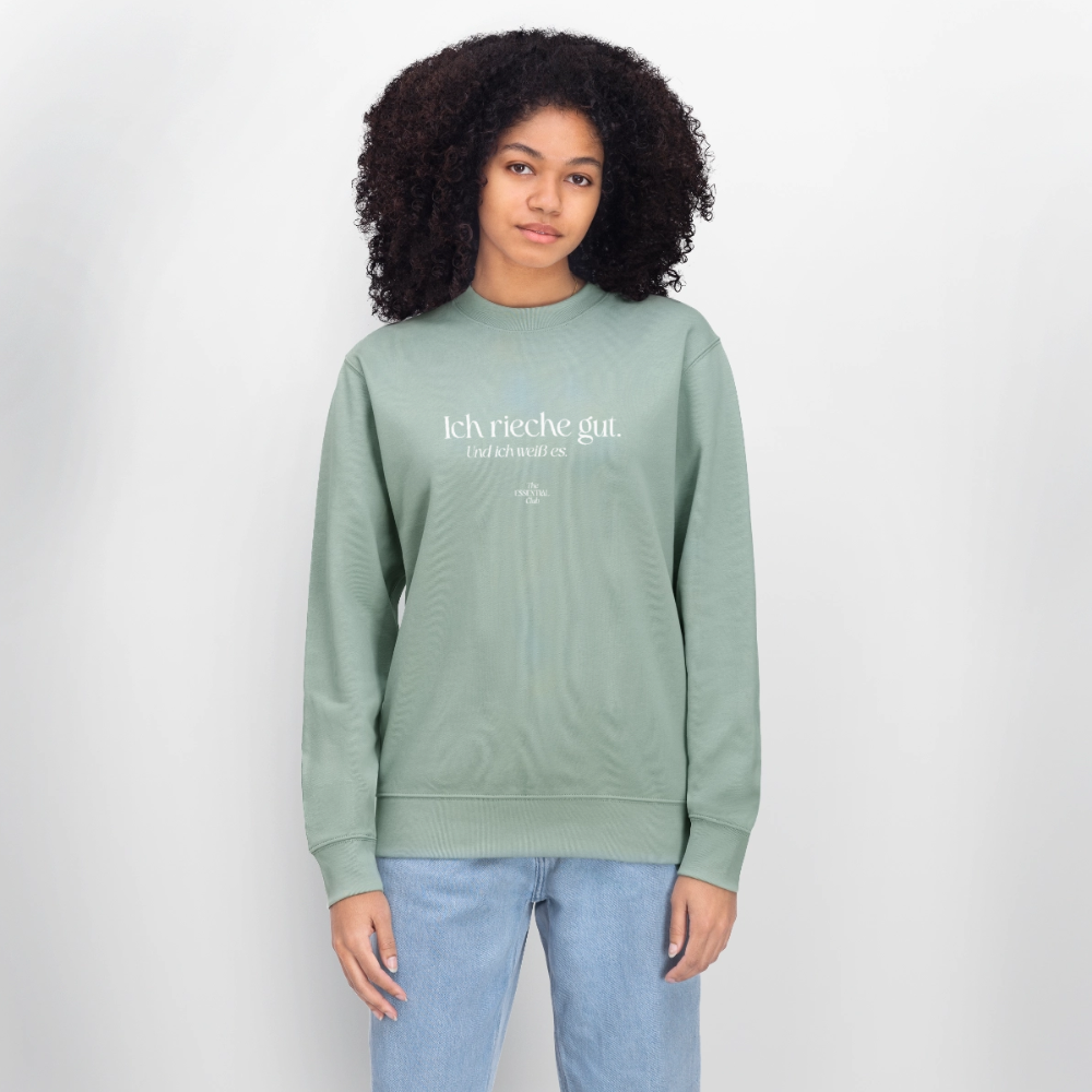 Unisex Bio-Sweatshirt "Ich rieche gut." - Helles Graugrün