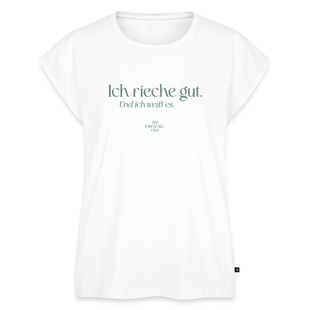 Frauen T-Shirt "Ich rieche gut." mit gerollten Ärmeln - Weiß