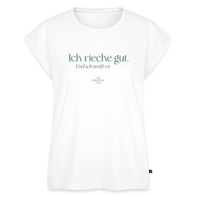 Frauen T-Shirt "Ich rieche gut." mit gerollten Ärmeln - Weiß
