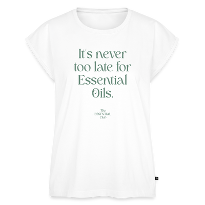 Frauen T-Shirt "It's never too late for Essential Oils" mit gerollten Ärmeln - Weiß