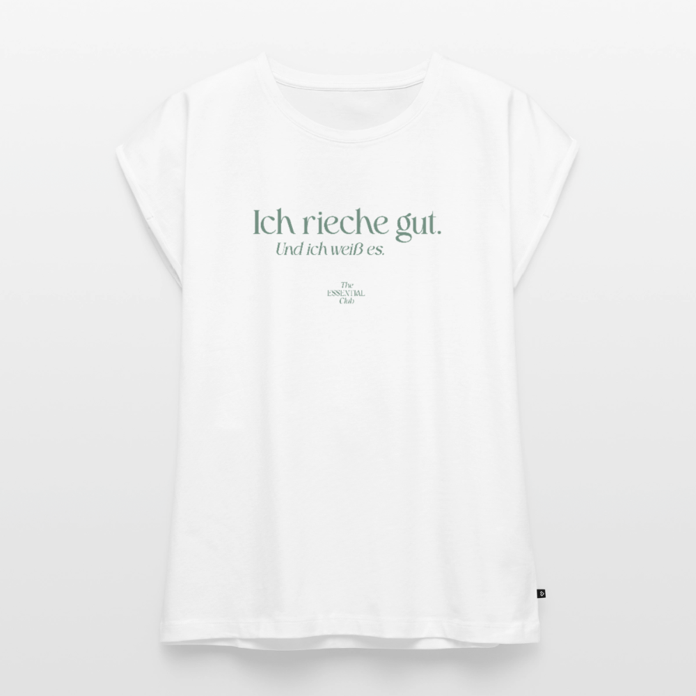 Frauen T-Shirt "Ich rieche gut." mit gerollten Ärmeln - Weiß