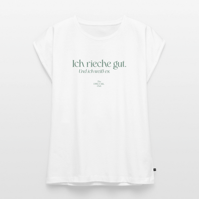 Frauen T-Shirt "Ich rieche gut." mit gerollten Ärmeln - Weiß