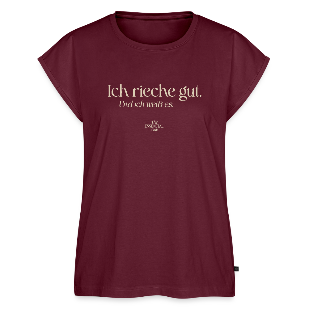 Frauen T-Shirt "Ich rieche gut." mit gerollten Ärmeln - Burgunderrot