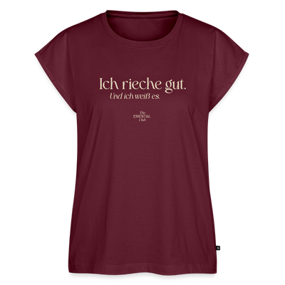 Frauen T-Shirt "Ich rieche gut." mit gerollten Ärmeln - Burgunderrot