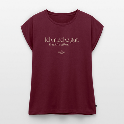 Frauen T-Shirt "Ich rieche gut." mit gerollten Ärmeln - Burgunderrot