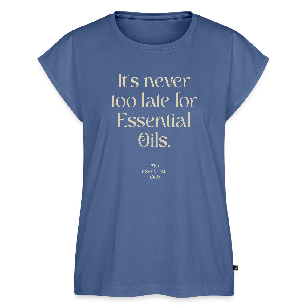 Frauen T-Shirt "It's never too late for Essential Oils" mit gerollten Ärmeln - Taubenblau