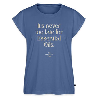 Frauen T-Shirt "It's never too late for Essential Oils" mit gerollten Ärmeln - Taubenblau