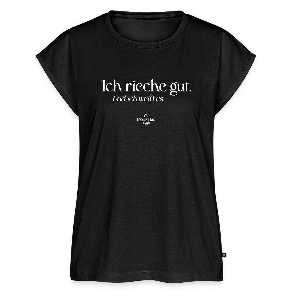 Frauen T-Shirt "Ich rieche gut." mit gerollten Ärmeln - Schwarz