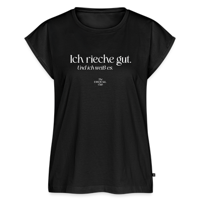 Frauen T-Shirt "Ich rieche gut." mit gerollten Ärmeln - Schwarz