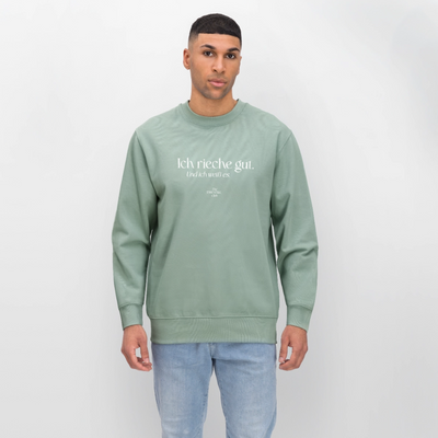 Unisex Bio-Sweatshirt "Ich rieche gut." - Helles Graugrün