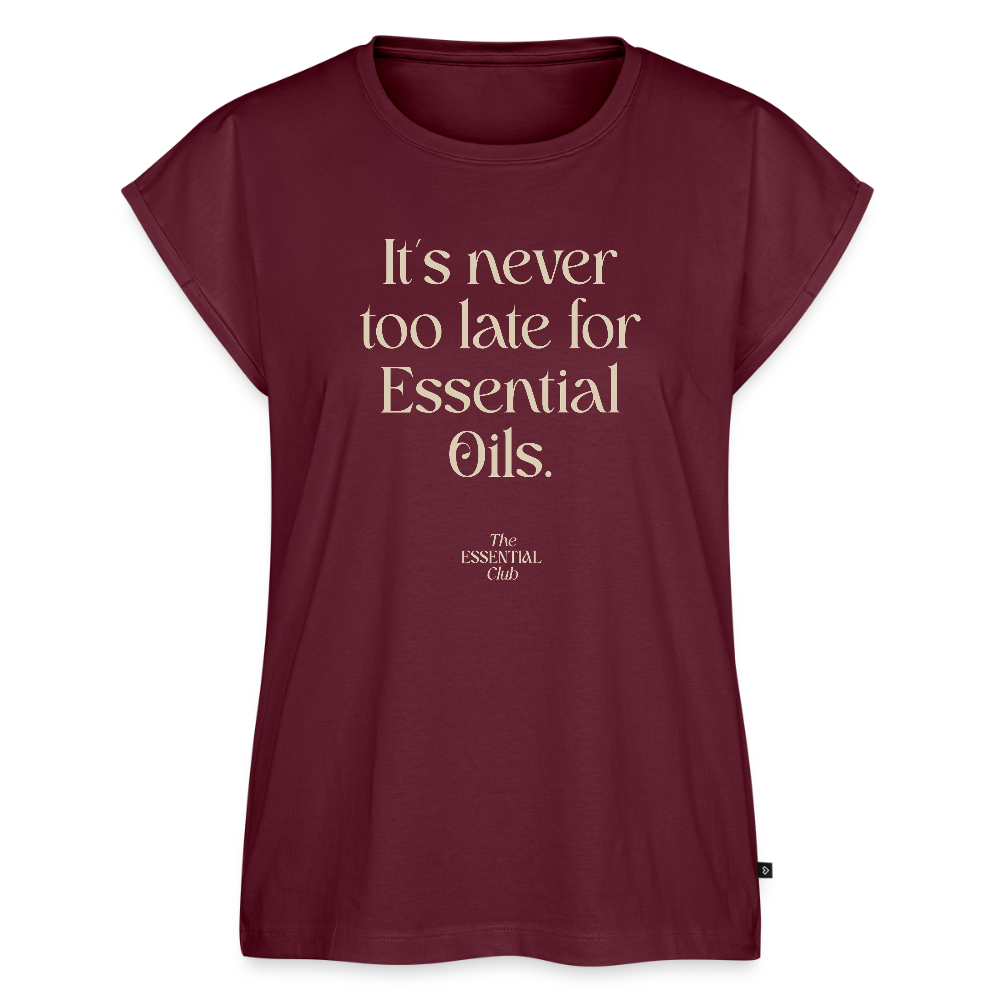 Frauen T-Shirt "It's never too late for Essential Oils" mit gerollten Ärmeln - Burgunderrot