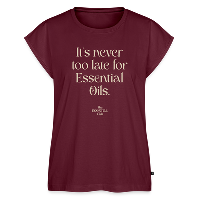 Frauen T-Shirt "It's never too late for Essential Oils" mit gerollten Ärmeln - Burgunderrot