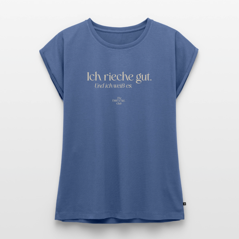 Frauen T-Shirt "Ich rieche gut." mit gerollten Ärmeln - Taubenblau
