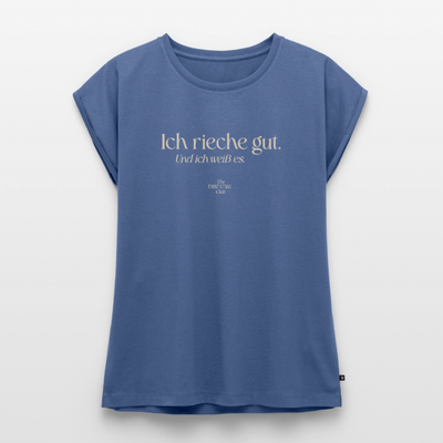 Frauen T-Shirt "Ich rieche gut." mit gerollten Ärmeln - Taubenblau