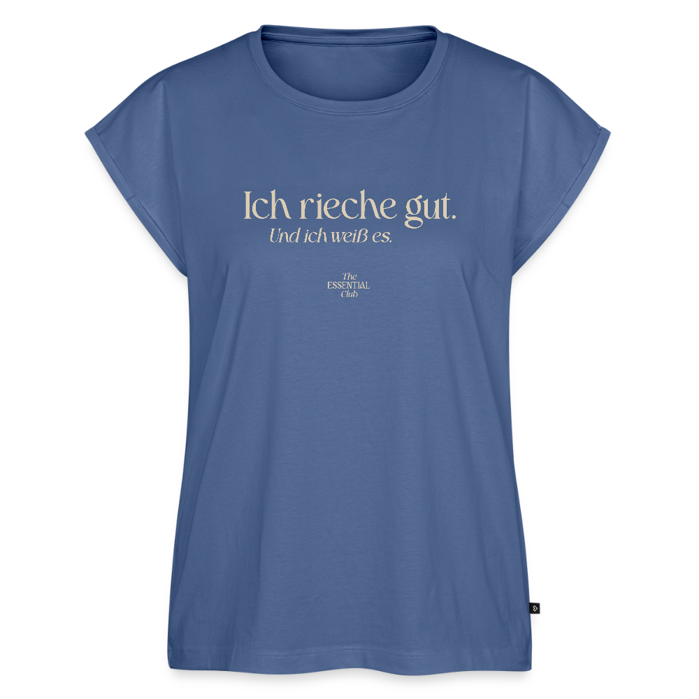 Frauen T-Shirt "Ich rieche gut." mit gerollten Ärmeln - Taubenblau