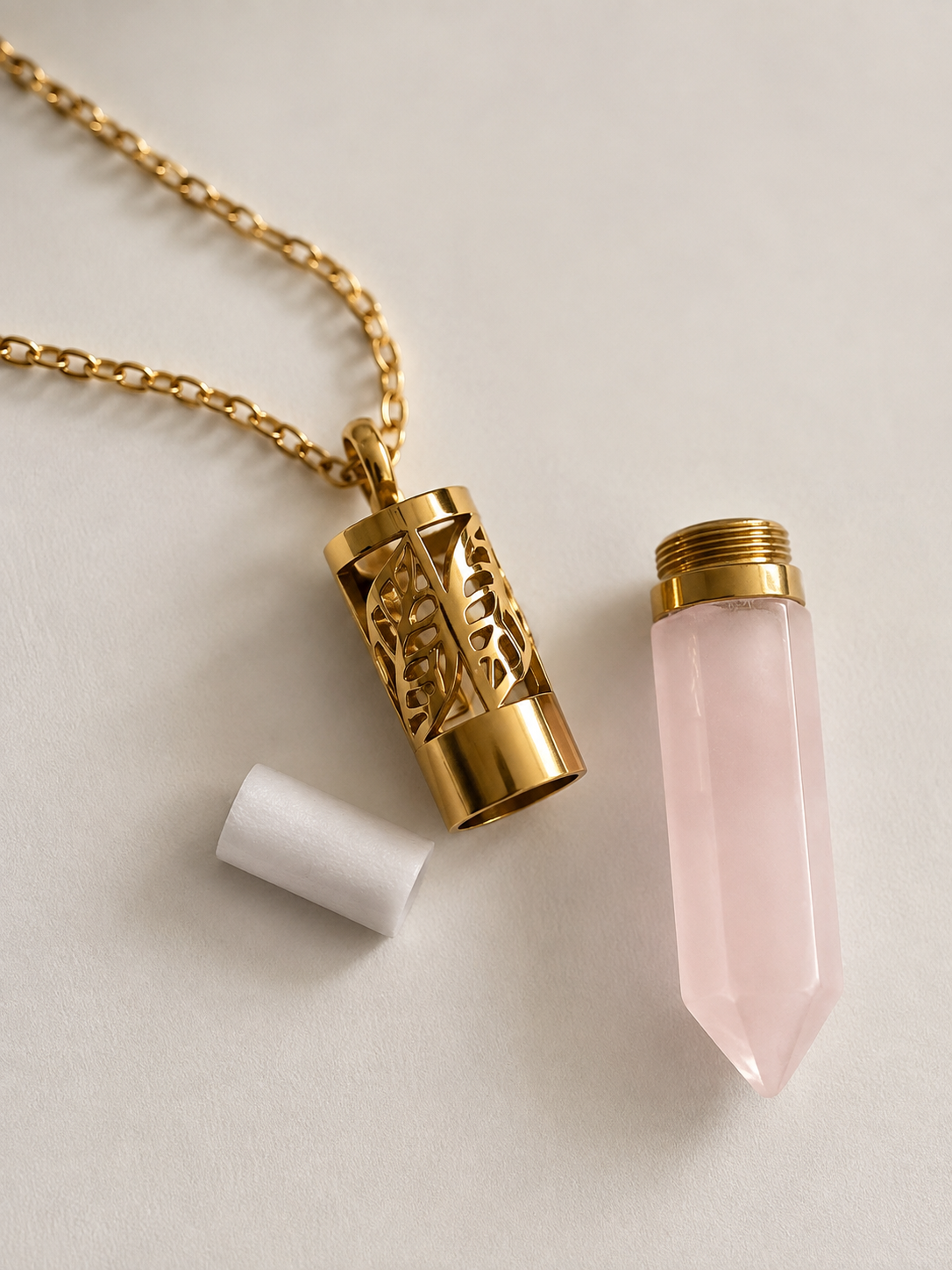 B-Ware 💛 Aromakette „Rose Essence“ · Rosenquarz & Duftbegleiter