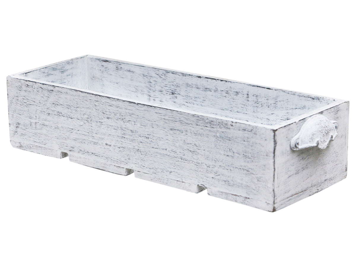 Große, weiße Holzbox mit Griffen